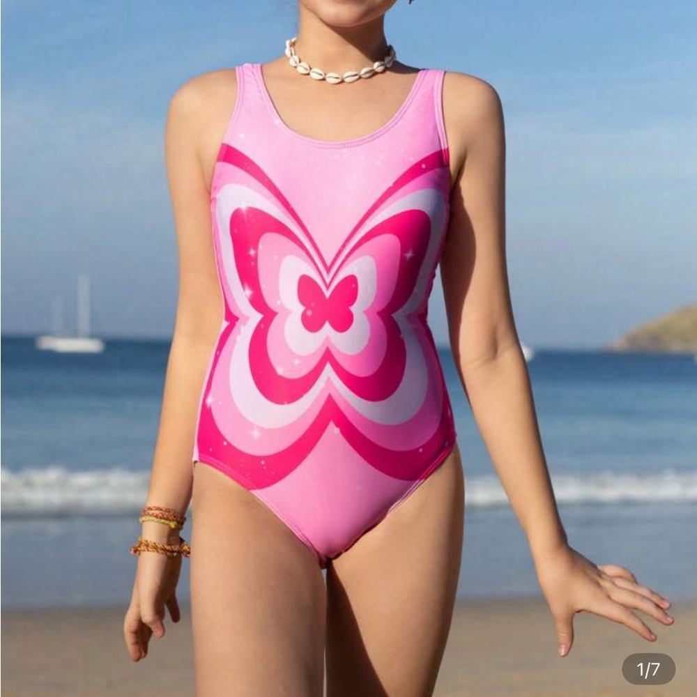 SHEIN Pink Butterfly Print Kids One Piece Swimsuit